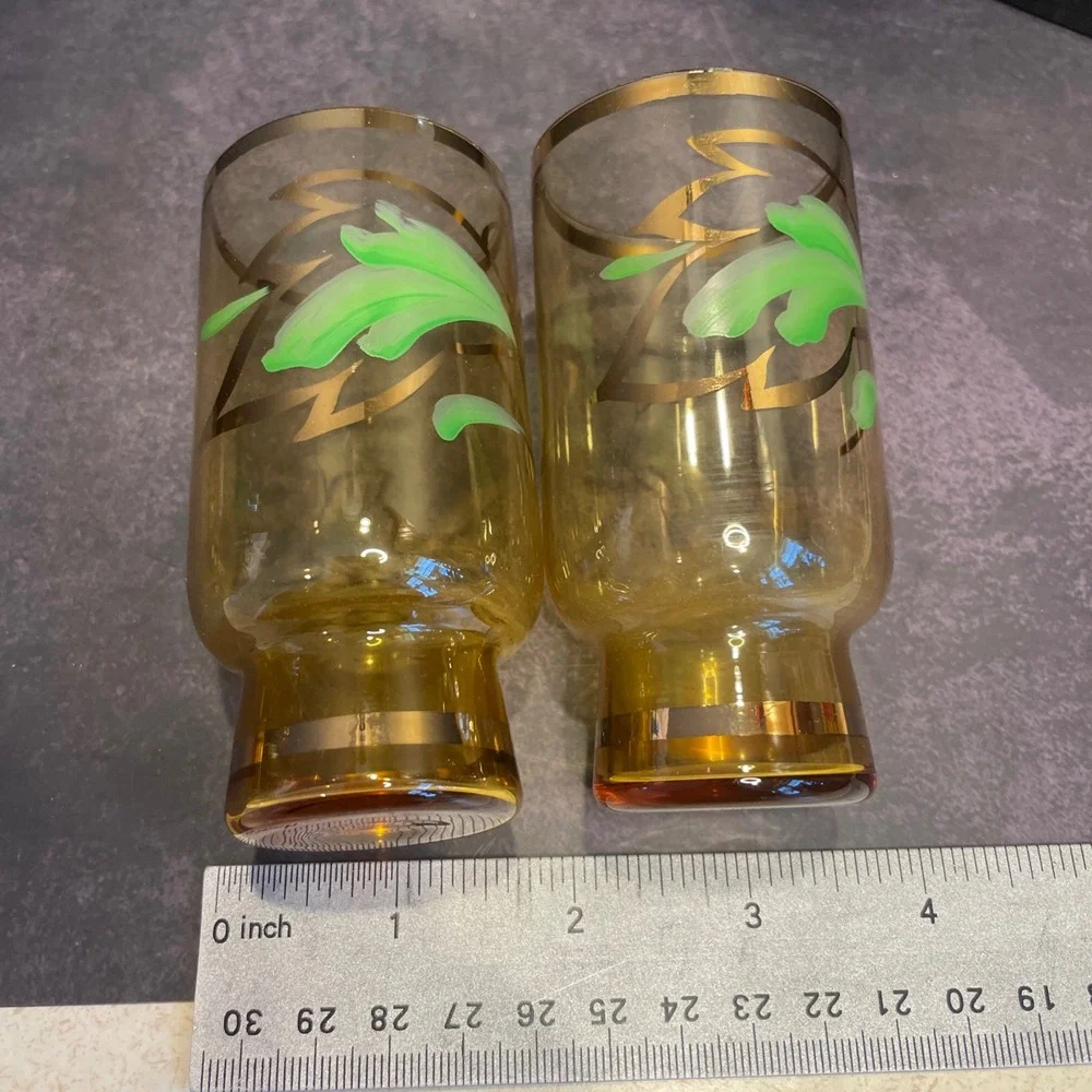 Amber Glass Red Flower‎ Decanter Green Leaf Glasses Vintage Barware Gold Trim